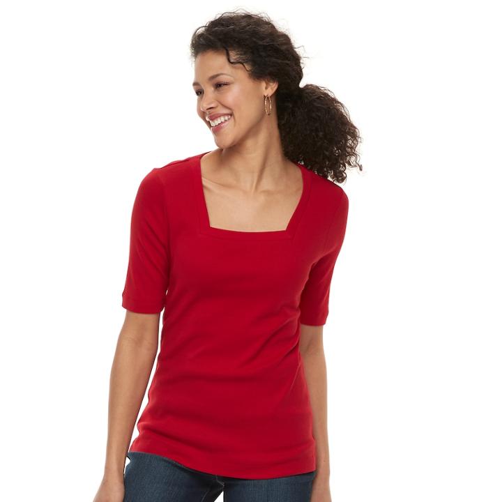Women's Croft & Barrow&reg; Squareneck Elbow Sleeve Tee, Size: Xs, Med Red