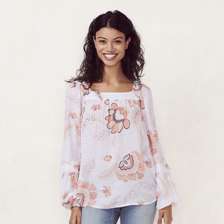 Women's Lc Lauren Conrad Print Pintuck Peasant Top, Size: Large, White