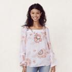 Women's Lc Lauren Conrad Print Pintuck Peasant Top, Size: Large, White