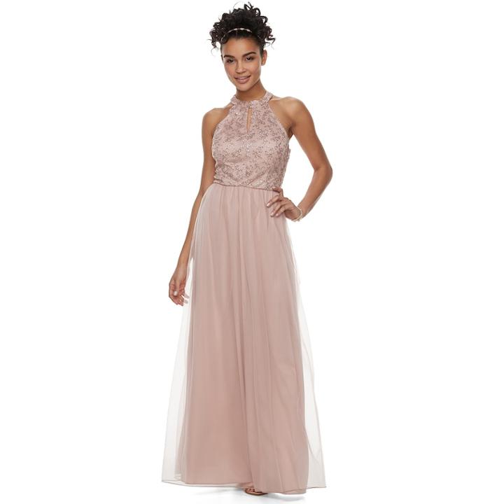 Juniors' Speechless Halter Cutout Glitter Prom Dress, Teens, Size: 3, Beige Over