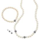 Pearlustre By Imperial Sterling Silver Freshwater Cultured Pearl And Simulated Crystal Necklace, Stretch Bracelet And Earring Set, Women's, White