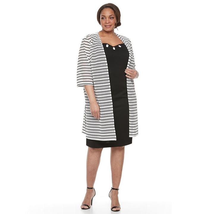 Maya Brooke, Plus Size Solid Sheath Dress & Striped Jacket Set, Women's, Size: 22 W, Oxford