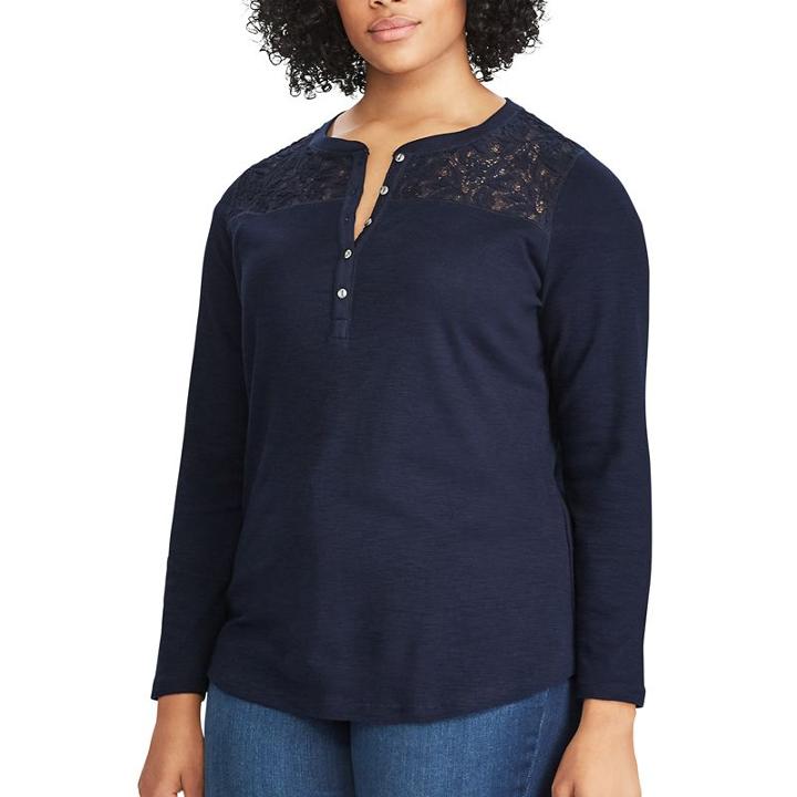 Plus Size Chaps Lace Yoke Henley Shirt, Women's, Size: 2xl, Blue (navy)