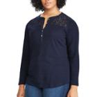 Plus Size Chaps Lace Yoke Henley Shirt, Women's, Size: 2xl, Blue (navy)