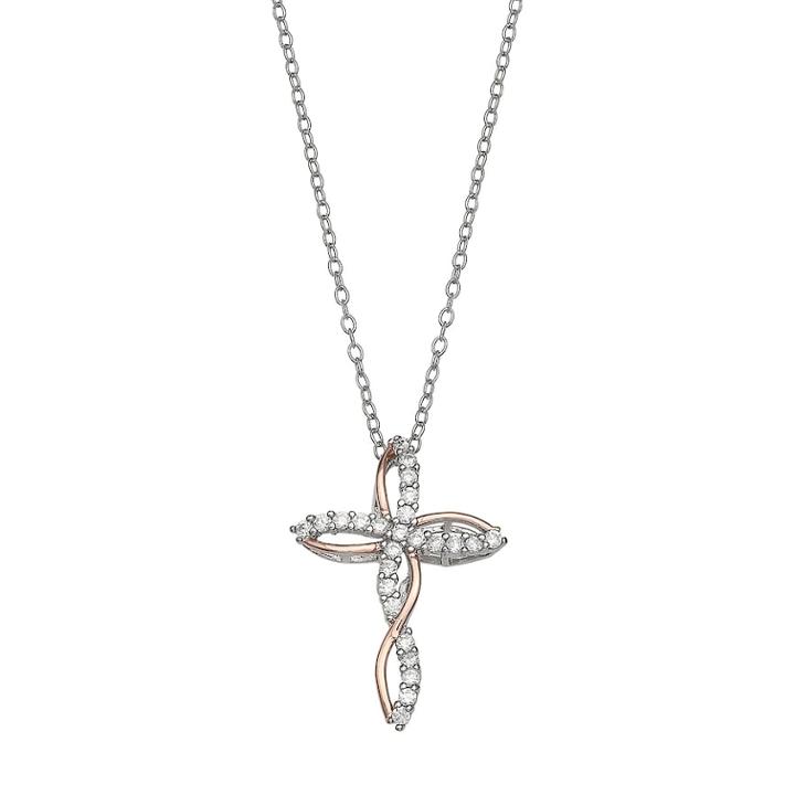 Primrose Two Tone Sterling Silver Cubic Zirconia Twist Cross Pendant, Women's, Size: 18