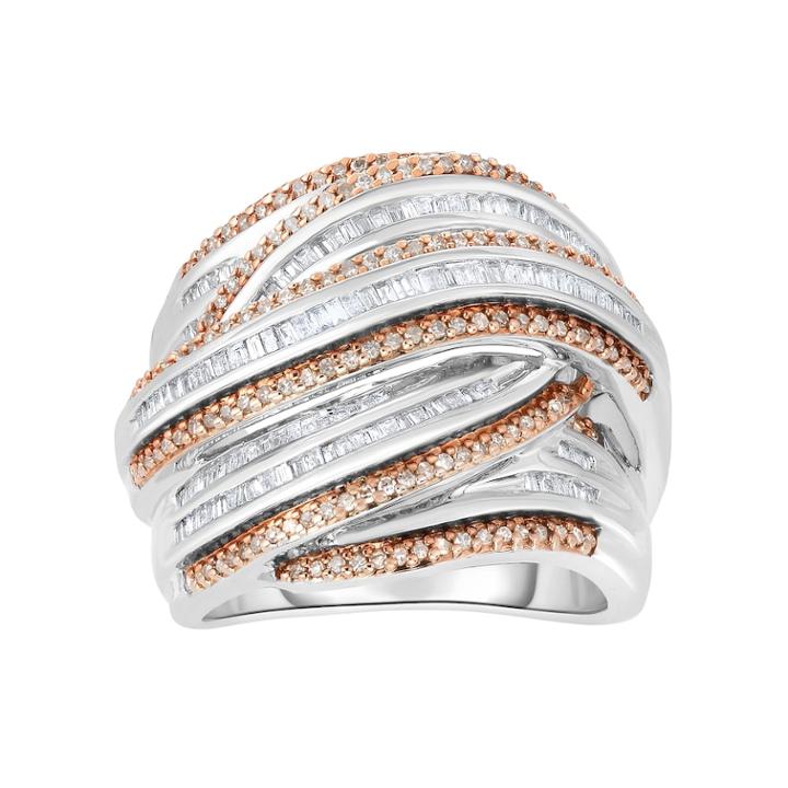 Sterling Silver 1 Carat T.w. Champagne & White Diamond Multi Row Ring, Women's, Size: 9, Brown