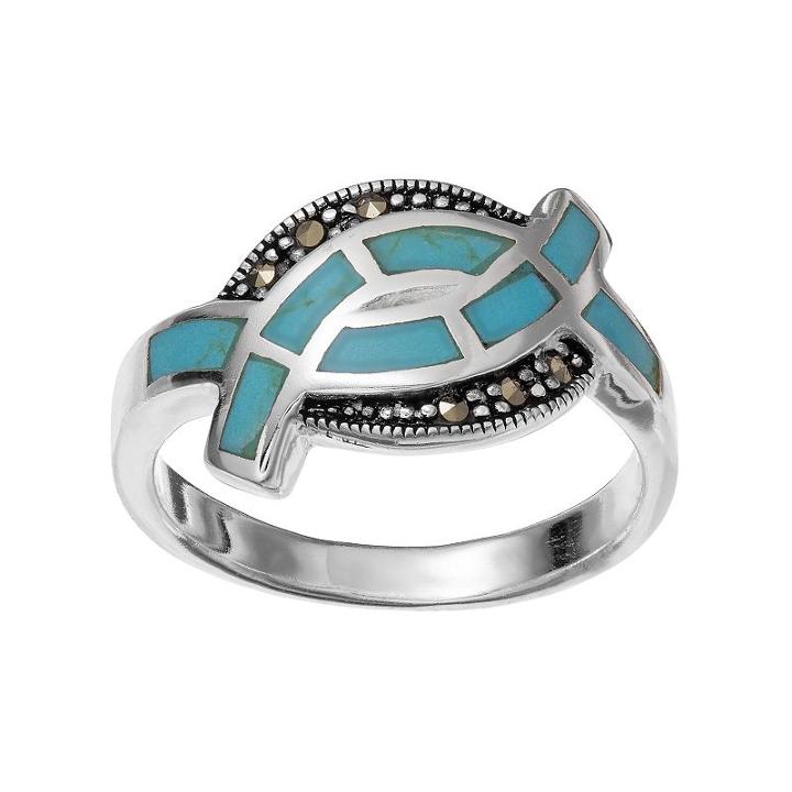 Silver Luxuries Simulated Turquoise Crossover Ring, Women's, Size: 7, Grey