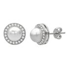 Silver Plate Simulated Pearl And Cubic Zirconia Frame Stud Earrings, Women's, White