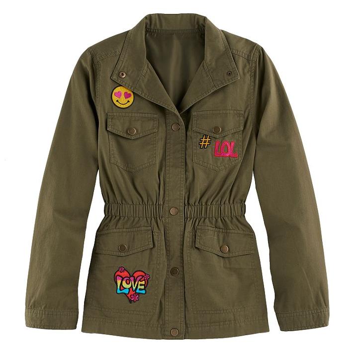 Girls 4-16 So&reg; Lightweight Patch Applique Anorak Jacket, Size: 10-12, Dark Green