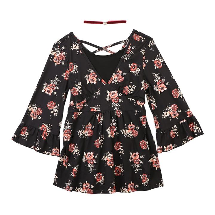 Girls 7-16 Iz Amy Byer Floral Bell Sleeve Lace-up Back Tunic With Choker Necklace, Size: Small, Light Red