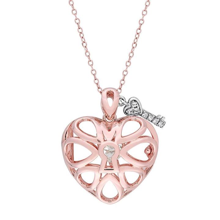 Two Tone Sterling Silver White Topaz Lock & Key Heart Locket, Women's, Size: 18