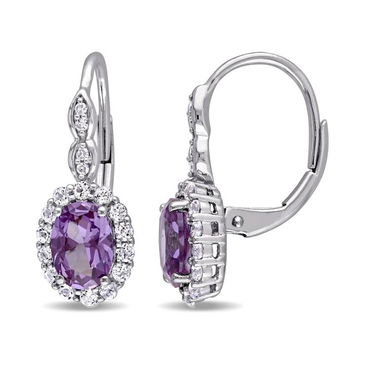 14k White Gold Lab-created Alexandrite & White Topaz Leverback Earrings, Women's, Purple