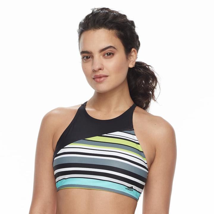 Women's Adidas Striped High-neck D-cup Crop Bikini Top, Size: Xl, Black