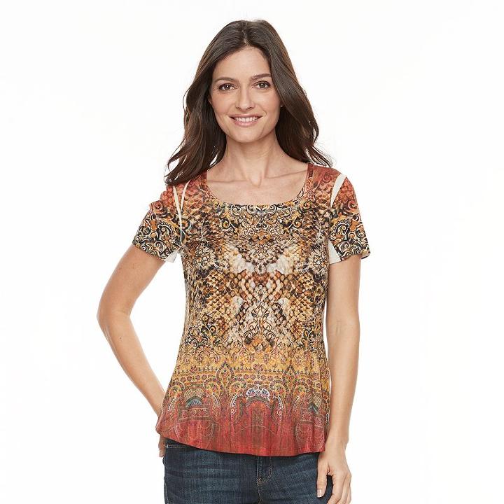 Women's World Unity Printed Scoopneck Tee, Size: Xl, Brown Oth