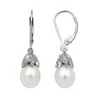 Sterling Silver Freshwater Cultured Pearl And Diamond Accent Drop Earrings, Women's, White