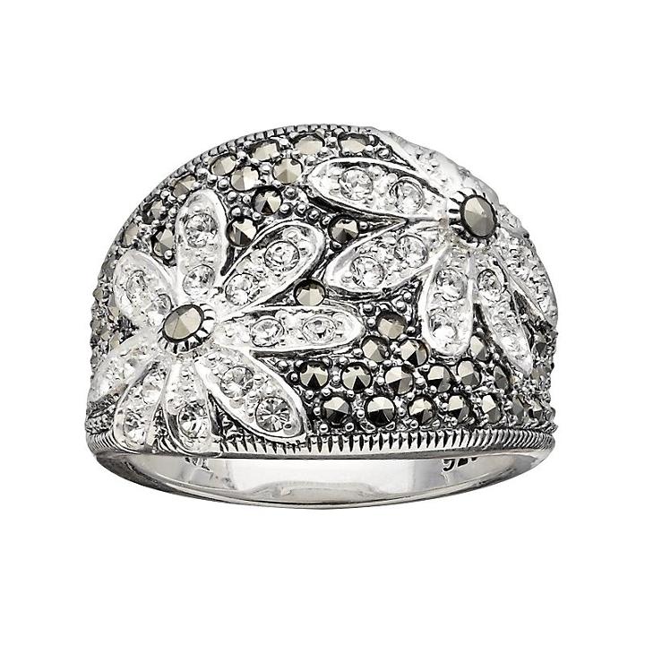 Lavish By Tjm Sterling Silver Crystal Flower Ring - Made With Swarovski Marcasite, Women's, Size: 8, Black