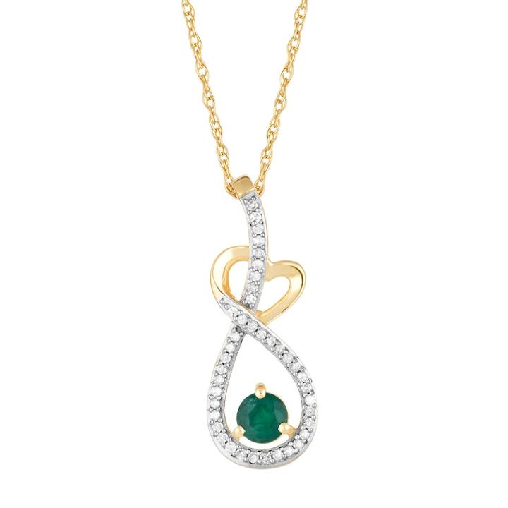 10k Gold Emerald & 1/8 Carat T.w. Diamond Heart Drop Pendant, Women's, Size: 18, Green