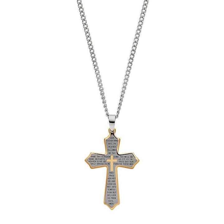Men's Two Tone Stainless Steel The Lord's Prayer Cross Pendant Necklace, Yellow