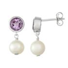 Sterling Silver Amethyst & Freshwater Cultured Pearl Drop Earrings, Women's, Purple