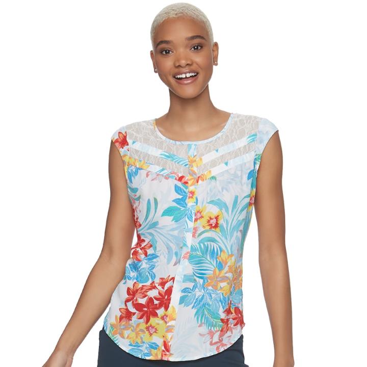 Juniors' Candie's&reg; Print Lace Inset Top, Teens, Size: Xl, White