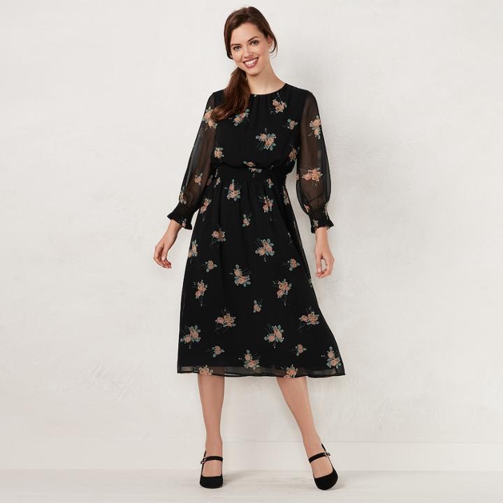 Women's Lc Lauren Conrad Floral Smocked Midi Dress, Size: Medium, Black