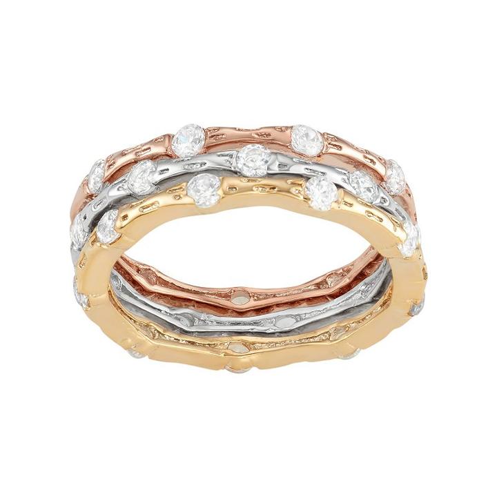 Cubic Zirconia Tri-tone Sterling Silver Textured Stack Ring Set, Women's, Size: 7, Multicolor