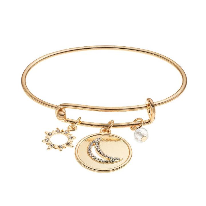 Star & Moon Floating Charm Bangle Bracelet, Women's, Gold