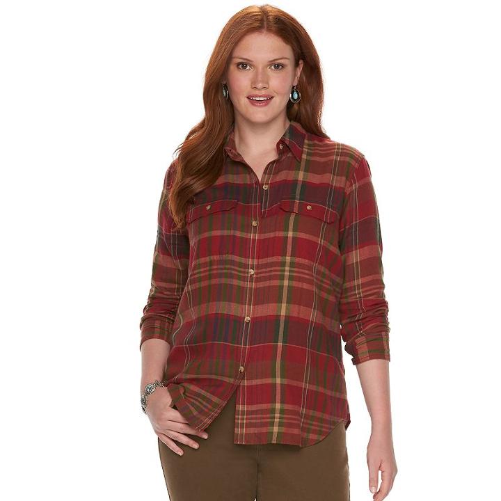 Plus Size Chaps Plaid Twill Button-down Shirt, Women's, Size: 1xl, Red