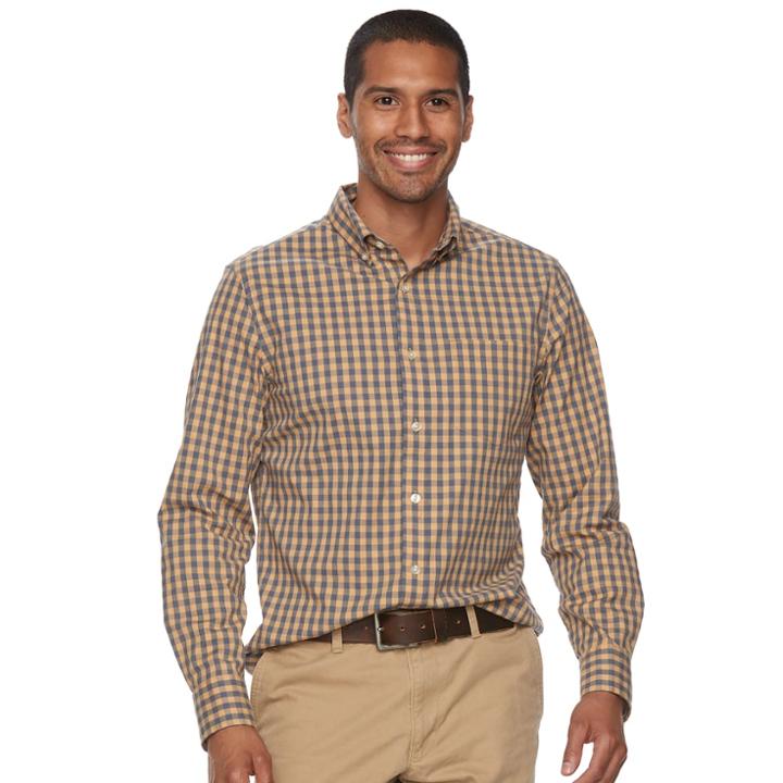 Men's Sonoma Goods For Life&trade; Flexwear Slim-fit Plaid Poplin Button-down Shirt, Size: Xxl, Beig/green (beig/khaki)