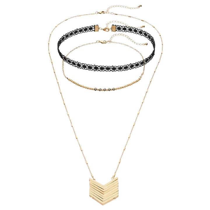 Lace, Beaded Choker & Chevron Drop Necklace Set, Women's, Gold