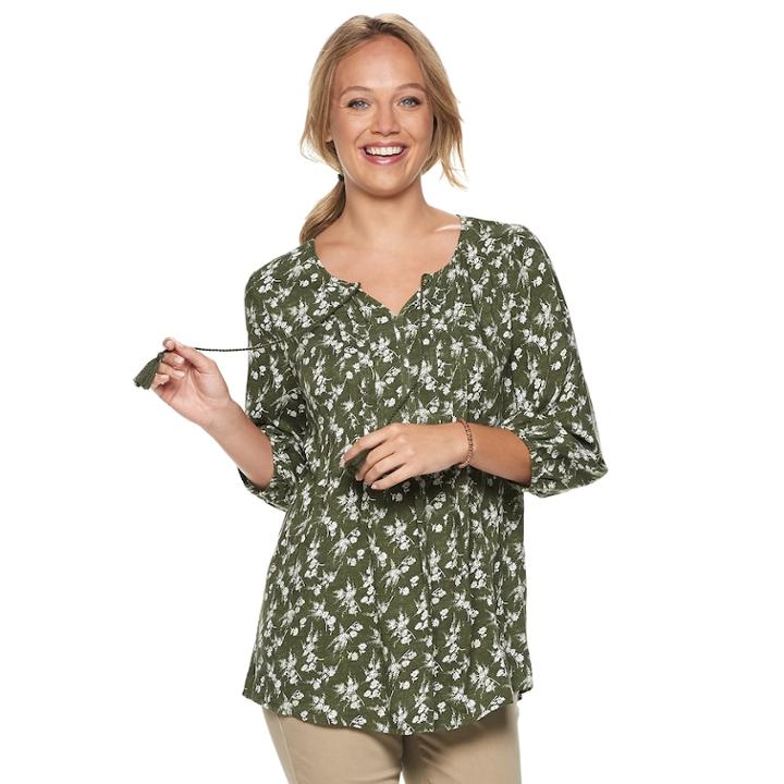 Women's Sonoma Goods For Life&trade; Printed Pintuck Peasant Top, Size: Xxl, Dark Green