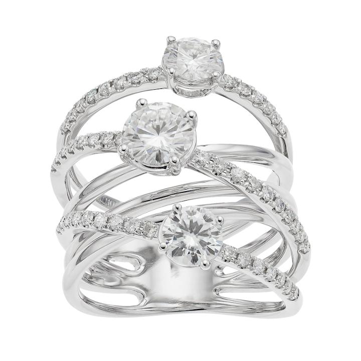 Forever Brilliant 14k White Gold 2 1/4 Carat T.w. Lab-created Moissanite 3-stone Crisscross Ring, Women's, Size: 6