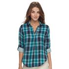 Petite Sonoma Goods For Life&trade; Plaid Splitneck Shirt, Women's, Size: S Petite, Dark Blue