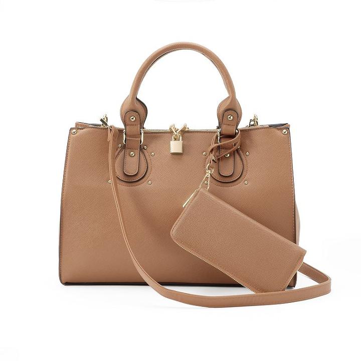 Deluxity Lauren Padlock Double Entry Satchel With Wallet, Women's, Beig/green (beig/khaki)