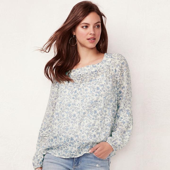 Women's Lc Lauren Conrad Love, Lauren Shirred Peasant Top, Size: Xl, Blue