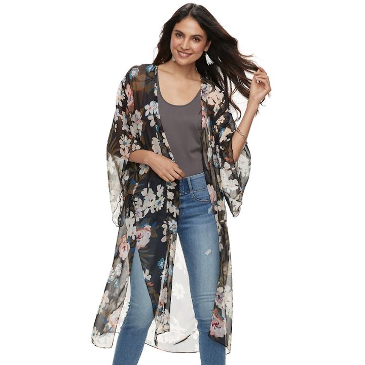 Women's Lightweight Floral Kimono, Black