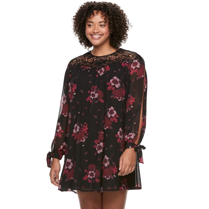 Juniors' Plus Size Heart & Soul Split Sleeve Crochet Neck Dress, Teens, Size: 1xl, Black