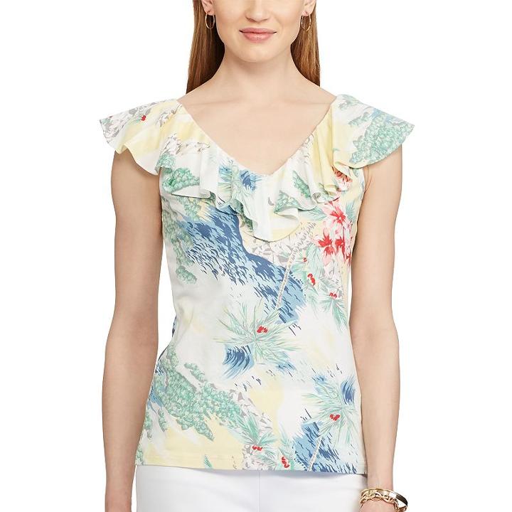 Women's Chaps Printed Ruffled Top, Size: Large, Pink Ovrfl