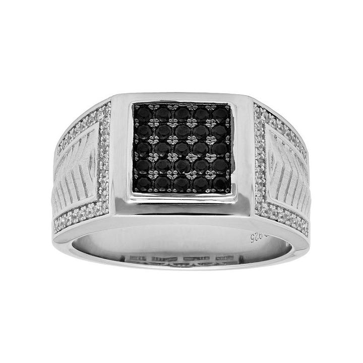 Sterling Silver Black & White Cubic Zirconia Square Men's Ring, Size: 13