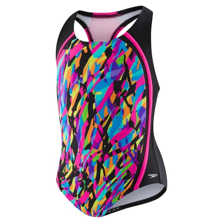Girls 7-16 Speedo Printed Sport Splice One-piece Swimsuit, Size: 16, Black