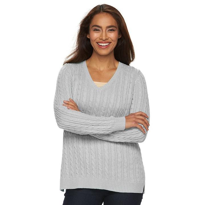 Women's Croft & Barrow&reg; V-neck Cable Knit Sweater, Size: Xs, Med Grey