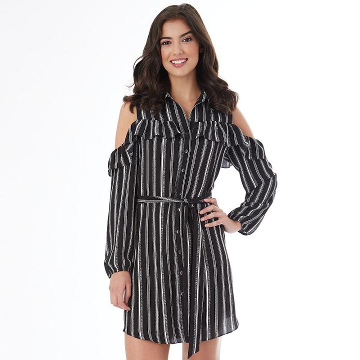 Juniors' Iz Byer California Striped Cold-shoulder Shirt Dress, Teens, Size: Medium, White