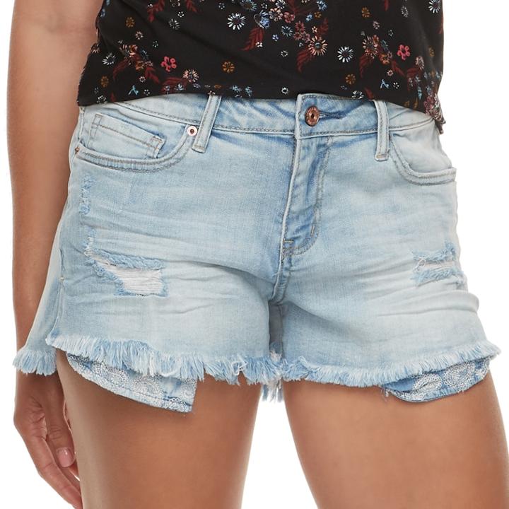 Juniors' Vanilla Star Frayed Shortie Jean Shorts, Teens, Size: 1, Light Blue