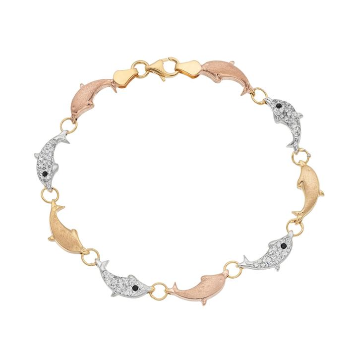 Tri Tone Sterling Silver Crystal Dolphin Bracelet, Women's, White