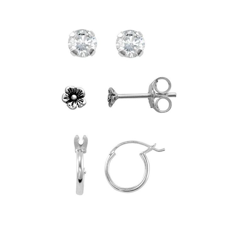 Itsy Bitsy Cubic Zirconia Sterling Silver Flower Stud & Hoop Earring Set, Women's, White