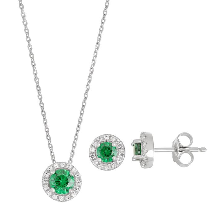 Sterling Silver Simulated Emerald & Lab-created White Sapphire Halo Pendant Necklace & Earring Set, Women's, Size: 18, Green