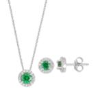 Sterling Silver Simulated Emerald & Lab-created White Sapphire Halo Pendant Necklace & Earring Set, Women's, Size: 18, Green