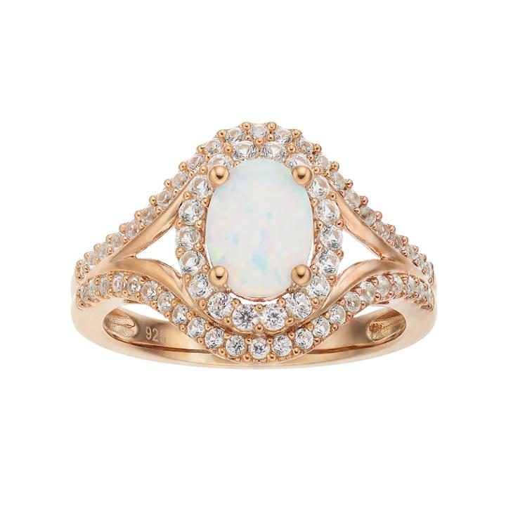 14k Rose Gold Over Silver Lab-created White Opal & White Sapphire Oval Halo Ring, Women's, Size: 7, Multicolor