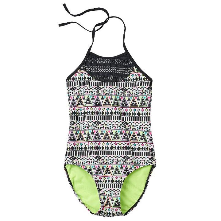 Girls Plus Size So&reg; Mesh Yoke Neon Tribal Halter One-piece Swimsuit, Girl's, Size: 16 1/2, Black