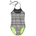 Girls Plus Size So&reg; Mesh Yoke Neon Tribal Halter One-piece Swimsuit, Girl's, Size: 16 1/2, Black